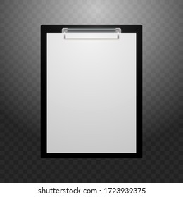 A tablet for writing with a white sheet. A tablet for writing on a black background with a gradient. Vector illustration. Stock Photo.