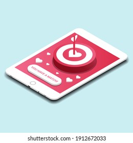 Tablet with "you have a match" button and target with heart and arrow. vector illustration in isometric style. online dating, communication concept 