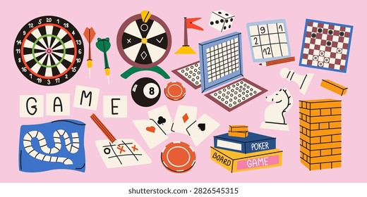 Tabletop and board games stickers set in retro cartoon style. Family entertainment components including chessboard, dominoes, cards, dices, dartboard and tiles