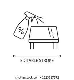 Tabletop cleaning pixel perfect linear icon. Surface cleaning thin line customizable illustration. Contour symbol. Table and sanitizer spray bottle vector isolated outline drawing. Editable stroke