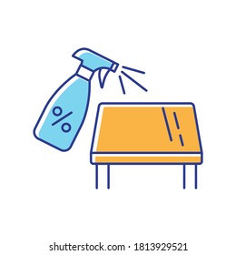 Tabletop cleaning RGB color icon. Furniture disinfection, surface cleaning. Housekeeping chores. Table and sanitizer spray bottle isolated vector illustration
