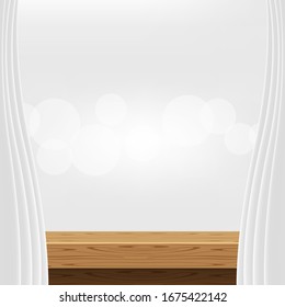 tabletop front view and luxury grey curtains for advertise product display, wooden top table decoration with curtain white, wood plank board space for banner copy space, empty wood table for banner ad