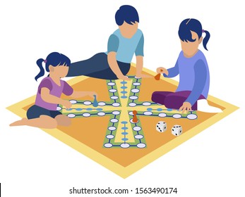Tabletop game. Children playing on the floor, self employment. Flat style Cartoon vector illustration