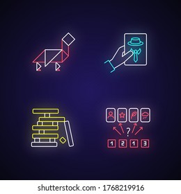 Tabletop games neon light icons set. Recreational activities, entertaining pastime signs with outer glowing effect. Tangram, wooden blocks and guess games. Vector isolated RGB color illustrations