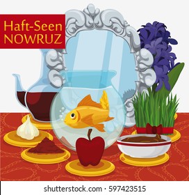 Tabletop with Haft-seen elements for Nowruz: sonbol (hyacinth), sabzeh (grass) samanu (pudding of wheat), seeb (apple), somaq (sumac powder), seer (garlic),  serkeh (vinegar), goldfish and mirror.