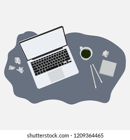 Tabletop with Laptop, Coffee, Pencils and Notepad Illustration