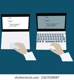 At a tabletop laptop keyboard, hands are occupied; a blank monitor screen working from home. Illustration in vector format EPS 10