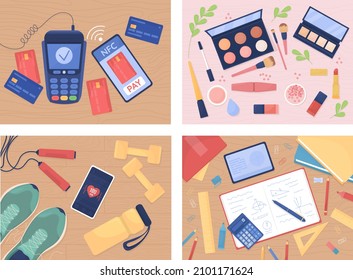 Tabletop with objects flat color vector illustration set. Cashless payment. Cosmetics products. Training tools. Top view 2D cartoon illustration with desktop on background collection