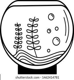 Tabletop round aquarium filled with water and marine plants icon in outline style. Coloring template for modification and customizing  according to a specific task.