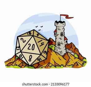 Tabletop RPG game with 20d dice. Castle fort with tower.