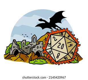 Tabletop RPG game with 20d dice. Castle fort with tower. Fantasy adventure and dragon. Mountain landscape.