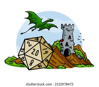 Tabletop RPG game with 20d dice. Castle fort with tower. Fantasy adventure and dragon. Mountain landscape. svg