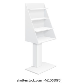 Tabletop Stand, Cardboard Floor Display Rack For Supermarket Blank Empty Displays With Shelves Products Mock Up On White Background Isolated. Ready For Your Design. Product Advertising. Vector EPS10