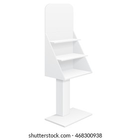 Tabletop Stand, Cardboard Floor Display Rack For Supermarket Blank Empty Displays With Shelves Products Mock Up On White Background Isolated. Ready For Your Design. Product Advertising. Vector EPS10