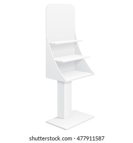 Tabletop Stand, Cardboard Floor Display Rack For Supermarket Blank Empty Displays With Shelves Products Mock Up On White Background Isolated. Ready For Your Design. Product Advertising. Vector EPS10