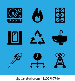 tablets, antenna, sink, time, fire, recycling, microphone, mirror and turntable vector icon. Simple icons set