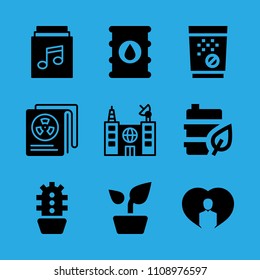 tablets, barrel, cactus, fuel, newspaper, person inside a heart, building, music album and plant vector icon. Simple icons set