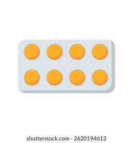 Tablets in blister pack in flat design. Medical supplies, drugs package. Vector illustration isolated.