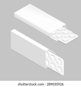 Tablets in blister and packaging detailed isometric icon set vector graphic illustration