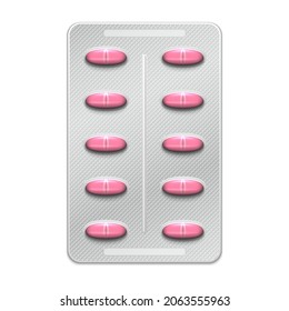 Tablets in blister strip packaging. Pack of pink pills. Vector illustration.