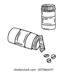 Tablette und Kapselflasche. Medizinische handgezeichnete doodle Illustration. Gesundheitsversorgung, Therapie, Behandlungskonzept. Einzeln. Vektorgrafik