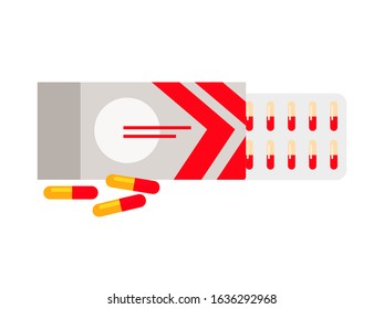 Tablets and capsules in blister, paper packages. Pharmaceutical objects isolated on white. Painkillers, antibiotics, vitamins and aspirin drugs. Cartoon medicines healthcare kit. Vector illustration