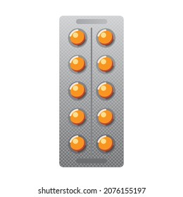 tablets or capsules in a blister of ten pieces isolated on a white background. vitamin supplements, medicines, pharmacy products in cell packaging. stock vector illustration. EPS 10.