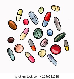 Conjunto de comprimidos, vitamina, cápsulas aisladas sobre un fondo blanco. Ilustración del vector