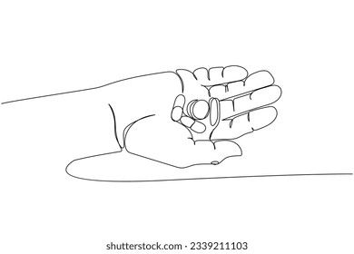 Comprimidos, cápsulas, medicamentos en la mano, en la palma, hierbas, medicina de una línea de arte. Trato continuo de la línea de tratamiento, medicación, medicina, farmacia, terapia, alergia