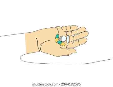 Tablette, Kapseln, Arzneimittel in der Hand, auf der Palme, Kräuterpflanzen, Medizin eine Linie Farbe Kunst. Kontinuierliche Zeichnung der Behandlung, Medizin, Medizin, Pharmazie, Therapie, Allergie