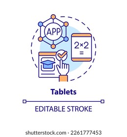 Tablets concept icon. Small personal computers. Educational application of ICT abstract idea thin line illustration. Isolated outline drawing. Editable stroke. Arial, Myriad Pro-Bold fonts used
