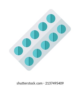 Tablets in a container. Pack of ten tablets. Medical preparation for treatment. Vector illustration isolated on white background for design and web.