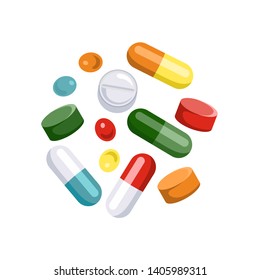 Tablets of different colors and shapes. Icons of pills, capsules isolated on white background. Vector illustration of medical drugs in cartoon simple flat style.