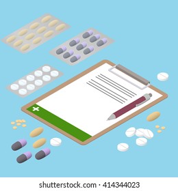 Tablets of different shapes. Flat isometric. The prescription of antibiotics. Pills in the package. Medication. Pills and capsules. Vector Illustration.