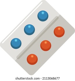 Tablets in foil blister. Blue and red vitamins. Health treatment