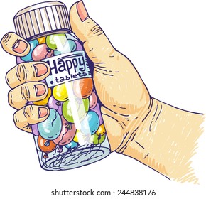 Tablets in the form of balloons. Fun as a remedy for depression. Vector illustration.