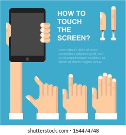 Tablets and gadgets with touch-screen display held in hand. Touch sgreen gestures icon set.