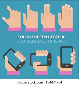 Tablets and gadgets with touch-screen display held in hand. Touch sgreen gestures icon set.