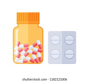 Tablets in glass vial and in form of capsules. Health and medical care. Tablets for medical treatment, prevention of disease, maintaining health, return to healthy lifestyle. Vector illustration.