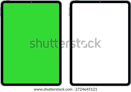 Tablets with green and white screens, chroma key displays, and digital hardware. Mobile device setups, professional templates for screen replacement and tech presentations