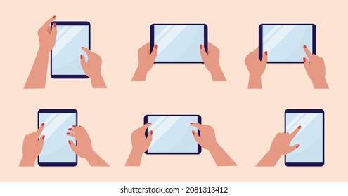 Tablets in hands and touch empty screen. Mockup of multi touchscreens of mobile devices vector set. Surfing in Internet, drag scroll, play app games on blank tablet illustrations in flat style.  