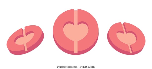 Tablets with a heart stamp. Pink pills for heartache and mental and emotional trauma. Isolated design element. Vector illustration of medicines with a touch of humor.