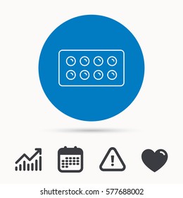 Tablets icon. Medical pills sign. Painkiller drugs symbol. Calendar, attention sign and growth chart. Button with web icon. Vector