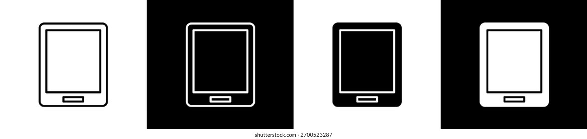 Conjunto de iconos de tabletas en línea y estilo de glifo sobre fondo blanco y negro