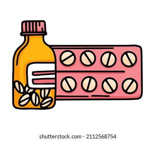 Tablets in a jar and in a blister vector isolated icon in cartoon style in pink and yellow colors