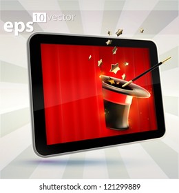 Tablet's magic 3d technology: magician's black hat behind the curtains of pad device, eps10 vector illustration