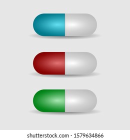 Tablets. Medical capsules. Pharmacy painkillers medicine, vitamins. Isolated objects on a white background. EPS 10