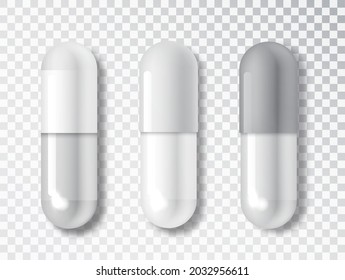 Tablettenmedizinisches Set, Modell. Realistische Kapsel einzeln auf transparentem Hintergrund. Medizinisches und Gesundheitskonzept