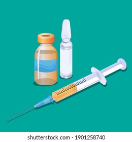 Tablets, medicines, packaging with tablets and medicines. A medical syringe with ampoules of vaccine and medicines.