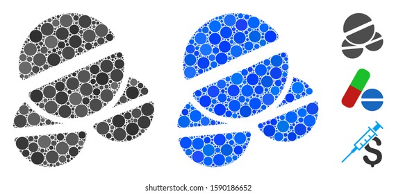 Tablets mosaic of small circles in various sizes and color hues, based on tablets icon. Vector filled circles are combined into blue mosaic. Dotted tablets icon in usual and blue versions.